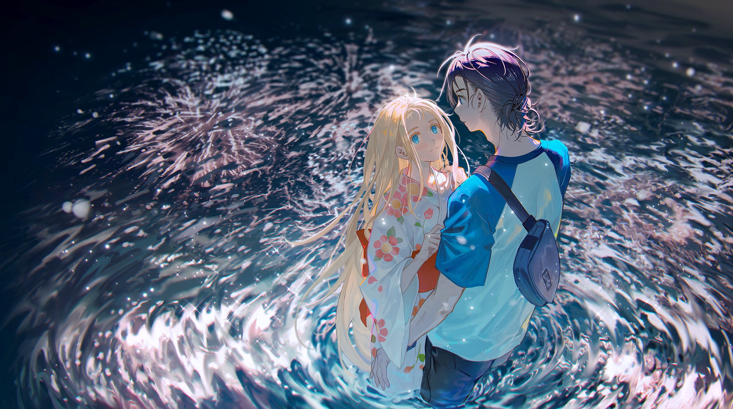 the image depicts a romantic scene between an anime girl and boy. the girl, with long blonde hair and a light blue yukata, is embraced by the boy who has dark hair and is wearing a blue and white shirt and dark pants. they are standing in shallow water, possibly an ocean or sea, at dusk or twilight. the water around them is sparkling and creates ripples, adding to the serene and peaceful atmosphere of the image. the overall style suggests a summer evening, possibly during a festival given the girl's yukata. the art style is detailed and painterly, lending a dreamy and romantic quality to the scene. the focus is on the couple's interaction, with the background water and lighting enhancing the overall mood.