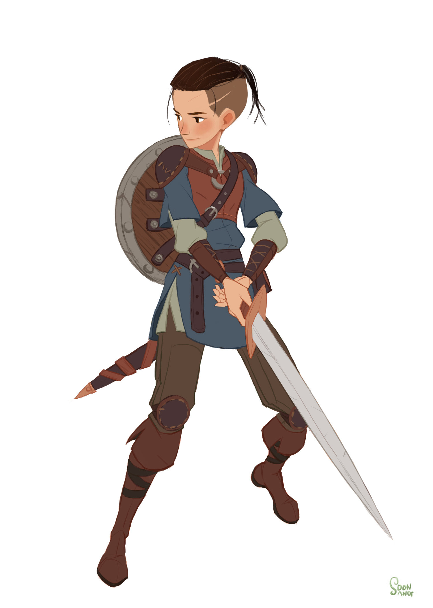 the illustration showcases a young warrior, poised for battle. the character, likely a teenager, exudes determination and confidence. they are armed with a sword and shield, hinting at their role as a protector or adventurer. the art style leans towards a stylized realism with a focus on soft shapes and a warm color palette.