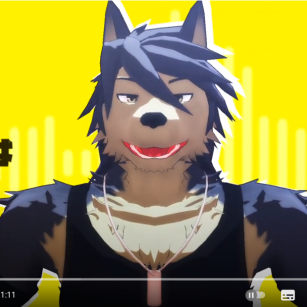 the image shows a screenshot of what appears to be a youtube video. the video features a 3d animated furry character, specifically a wolf with bluetinted black fur and humanlike features. the wolf is wearing a black tank top and a silver dog tag necklace. the background is a vibrant yellow with stylized sound waves in a slightly darker shade. the lighting is bright and frontal, highlighting the character's face. the image suggests the video might be related to furry fandom content.