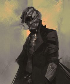 the image depicts a haunting portrait of a man shrouded in shadow and mystery. his face, partially obscured by what appears to be a mask or bandages, is a canvas of unsettling textures. the figure is dressed in dark attire, seemingly a long coat, which blends with the background, enhancing the air of enigma. the use of lowkey lighting casts deep shadows, further obscuring his features and contributing to the overall sense of unease.