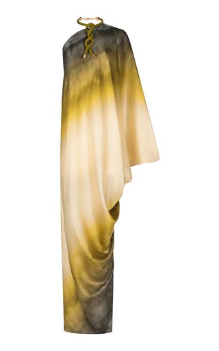 a long, draped dress in a gradient of colors from gray at the bottom to yellow at the top is shown on a white background. the dress has a unique neckline detail featuring a gold rope that is looped and knotted.