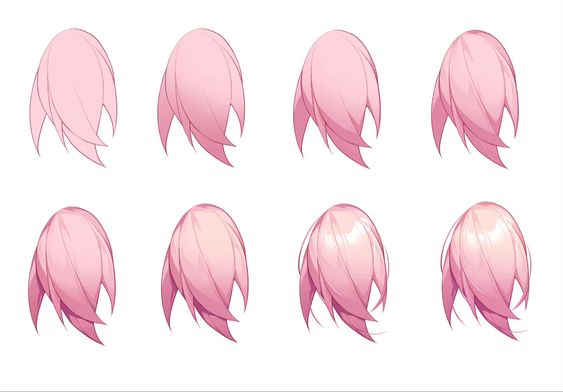 the image showcases a stepbystep tutorial on drawing animestyle hair. eight variations of a pink hairstyle are presented, each demonstrating a different stage of the drawing process. from the initial basic shape to the final highlighted and detailed version, the progression provides a clear guide for aspiring artists.