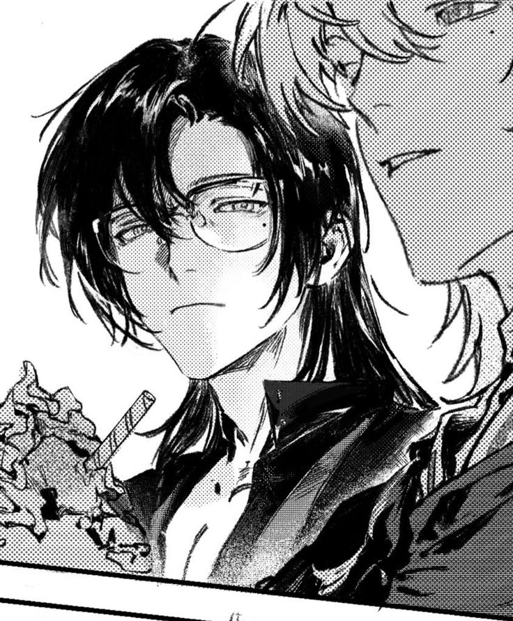 a closeup black and white illustration of two animestyle male characters. the character in the foreground is wearing glasses and has long, dark hair. he appears to be holding a cigarette. the character in the background has lighter hair and is partially obscured. the style is detailed and textured, with strong shading and linework, characteristic of manga or anime art.