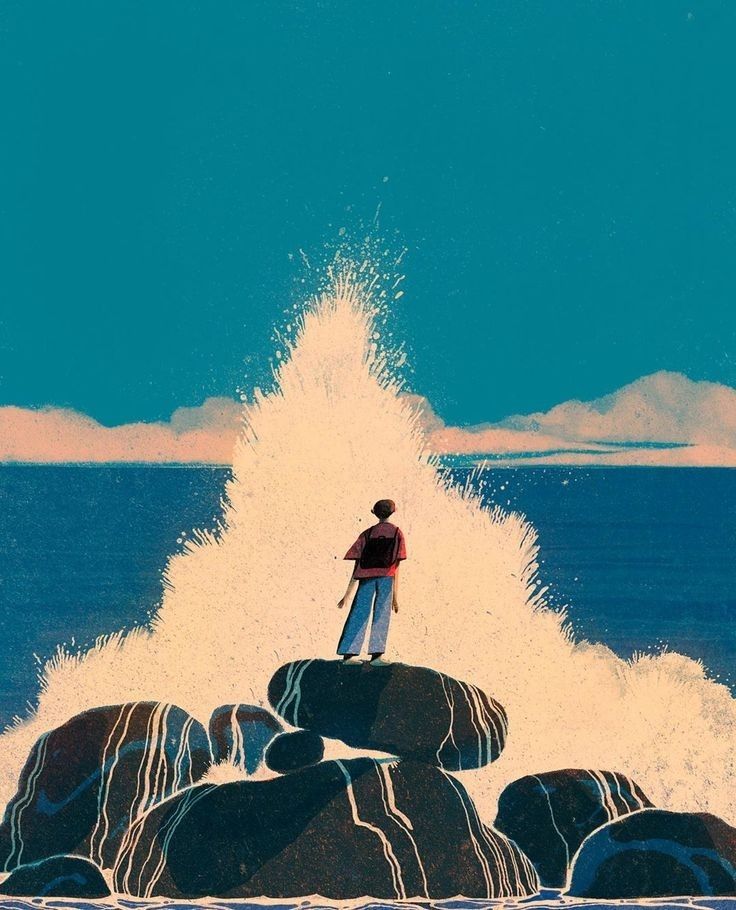 a man with a backpack stands on rocks at the edge of the sea, looking out over an enormous, cresting wave that almost fills the frame. the scene is bathed in sunlight and the sky is clear and blue.
