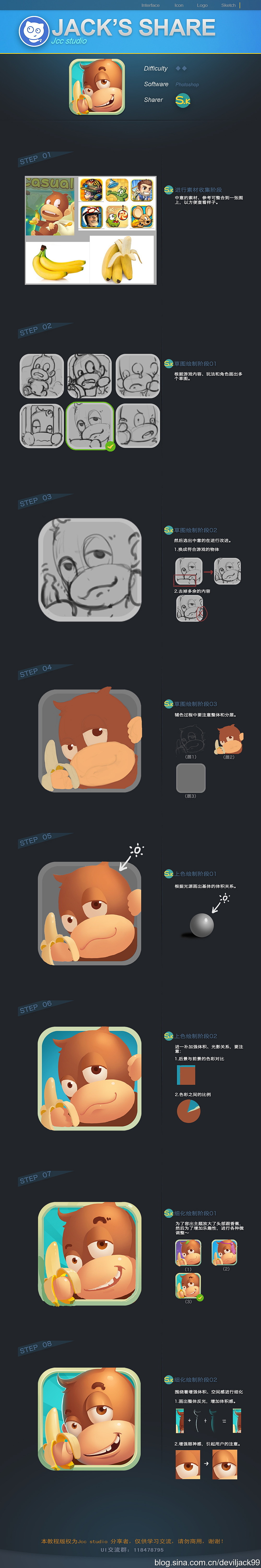 a reference sheet showing the stepbystep process of digitally painting a cartoon monkey character. the sheet includes initial sketches, color tests, shading, and highlights, culminating in the final artwork of the monkey holding a banana.