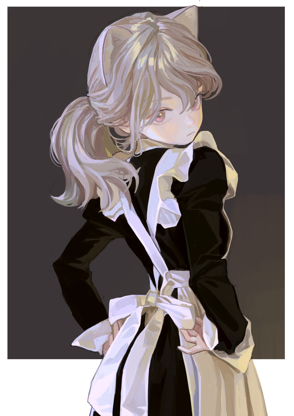 the image is an animestyle illustration of a young girl dressed in a black and white maid outfit. she has blonde hair styled in a ponytail and is wearing cat ears. the girl is looking over her shoulder with a slightly pensive expression. the artwork features a soft color palette and detailed shading. the background is a dark, muted tone, emphasizing the character's form.