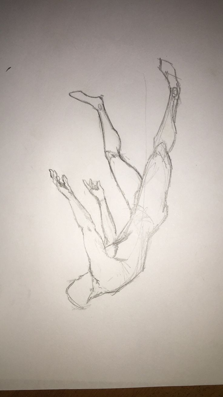 it is a pencil sketch of a person falling through the air. the person's body is elongated and contorted, with their arms and legs flailing. their head is tilted back, and their expression is one of fear. the drawing is done in a loose, gestural style, with quick, flowing lines. the lines are uneven and somewhat messy, which adds to the sense of movement and energy in the drawing.