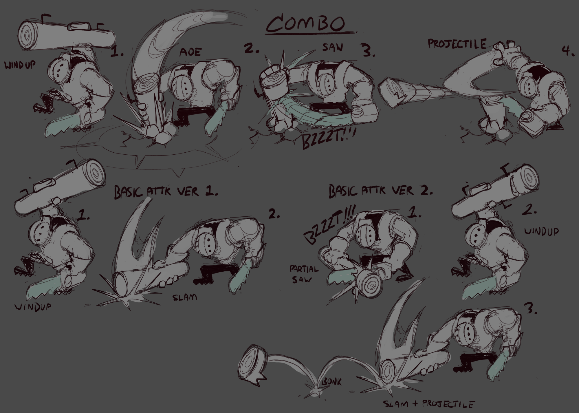 a concept design of a video game character's combo moves.  the character is wielding a large weapon and is shown in various stages of attacking.