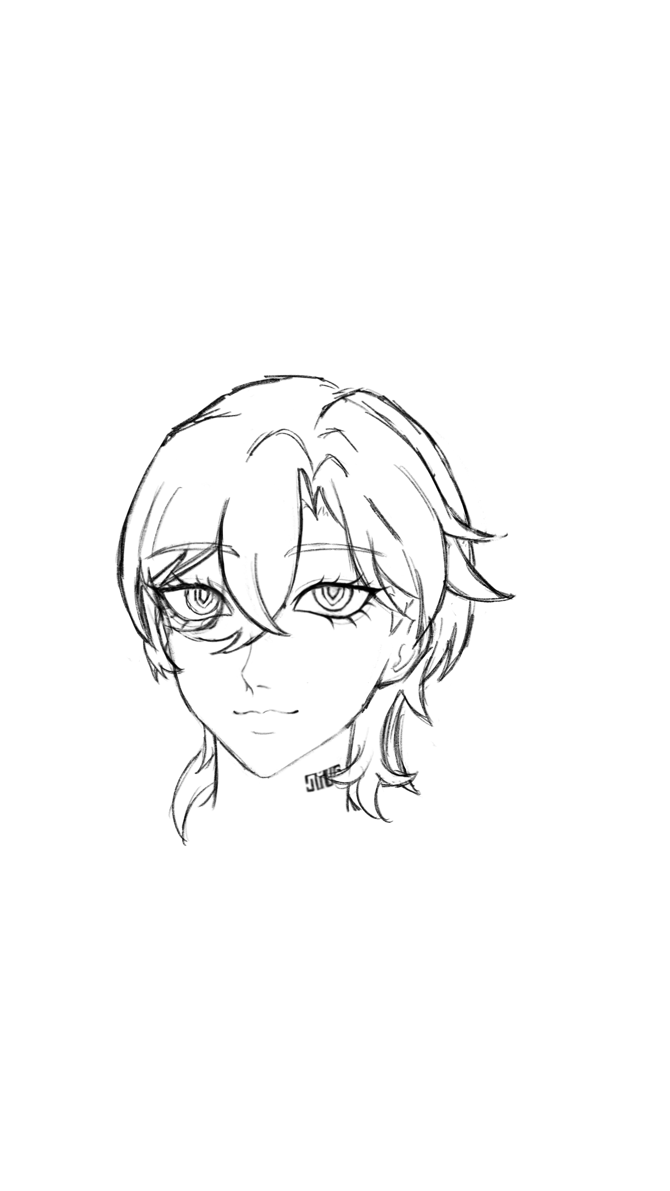 a black and white line art sketch of a person's head and shoulders in an anime style. the character has short hair, large eyes, a small nose and mouth. the sketch is detailed, showing the individual strands of hair and the contours of the face. there are also some markings on the neck.