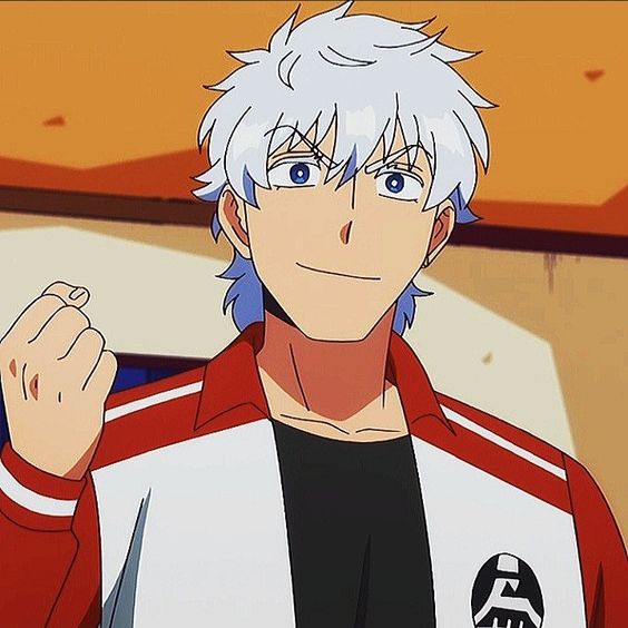 this image features a digital illustration of gintoki sakata, a popular anime character from the series gintama. he's depicted from the chest up, with his right hand raised in a fist, conveying a sense of confidence. he's sporting his signature silver hair and is wearing a red and white jacket. the background is a simple orange and yellow, focusing attention on the character.