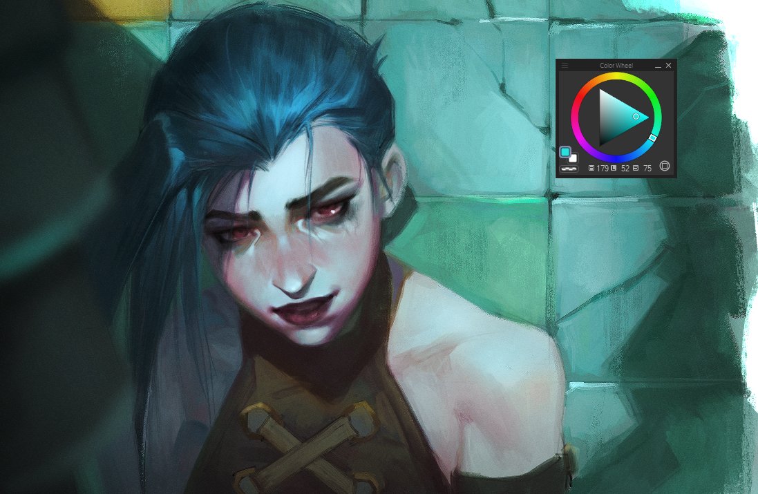a digital painting of jinx from arcane/league of legends, showing her head and shoulders. she has blue hair and red eyes, and a slightly sinister expression. a color wheel graphic is overlayed on the background. the style is painterly and stylized, with a dark, moody atmosphere.