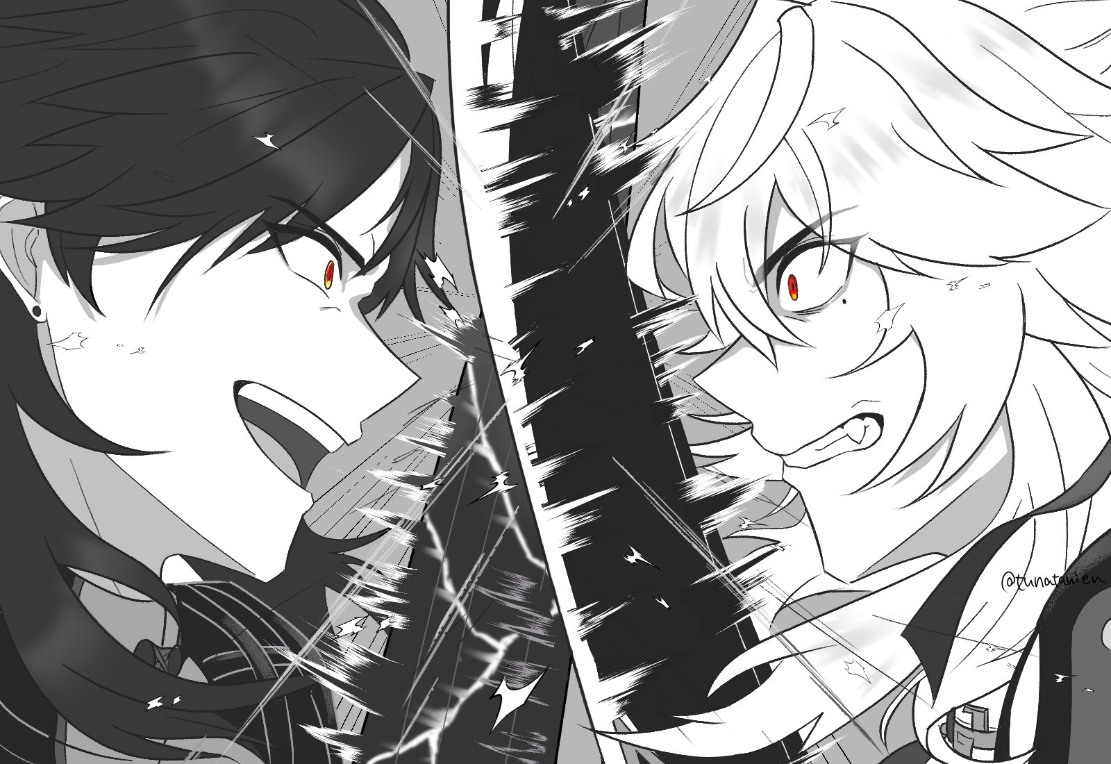 this is a black and white manga/anime style drawing depicting two characters facing each other, seemingly in the midst of a sword fight. the character on the left has black hair and red eyes, while the character on the right has white hair and red eyes. the background is stylized with diagonal lines that give the illusion of movement and motion. the characters have intense expressions on their faces, with open mouths and glaring eyes, adding to the intensity of the scene.