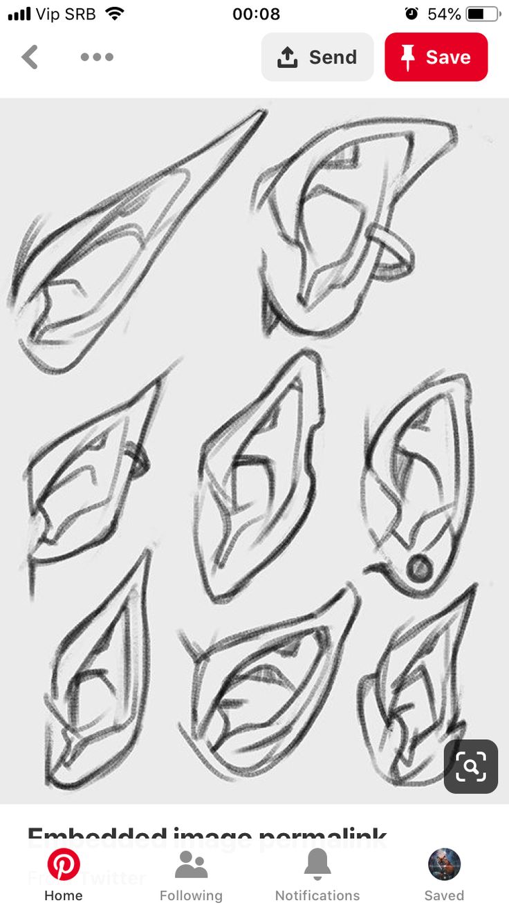 he image contains multiple pencil sketches of various elf ear designs. the sketches show different shapes, sizes, and angles of ears, providing a diverse range of options for character design. the style is loose and expressive, suitable for concept art and character design work.  the sketches appear to be part of a tutorial or reference sheet for artists.