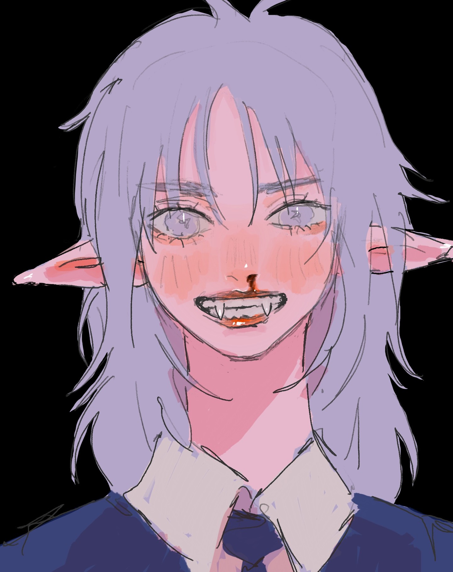 the image is a digital drawing of a young woman with elflike pointed ears, long lavender hair, and pale skin.  she's wearing a darkcolored school uniform with a crisp white collar and a tie.  her expression is a blend of distress and something slightly sinister; she has a bloody nose and sharp fangs visible in a slightly open mouth.  her cheeks are blushed, adding to the unsettling yet alluring aesthetic.  the art style is soft yet slightly rough, with visible brushstrokes. the overall mood is dark and slightly gothic.