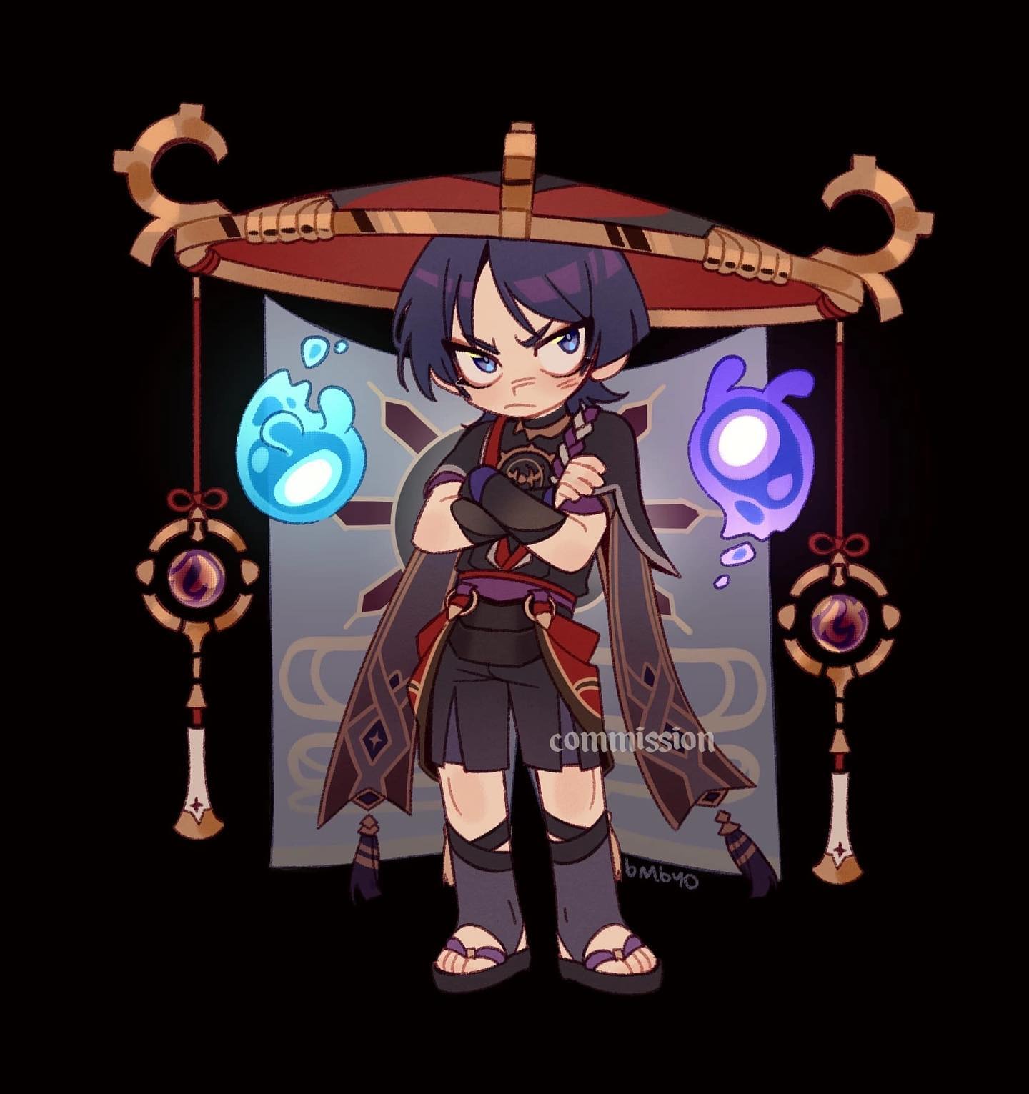the image is a digital fanart depicting a chibistyle rendition of a character resembling xiao from the game genshin impact.  he's dressed in a stylized, east asianinspired outfit, with a large, ornate hat. his expression is one of slight annoyance or displeasure, his arms crossed over his chest.  two glowing elemental spirits, one blue and one purple, float on either side of him, and he stands in front of a banner with a sunlike design. the artwork is vibrant, with a clear style, and carries a watermark indicating it's a commission.  the background is black, making the character pop out.