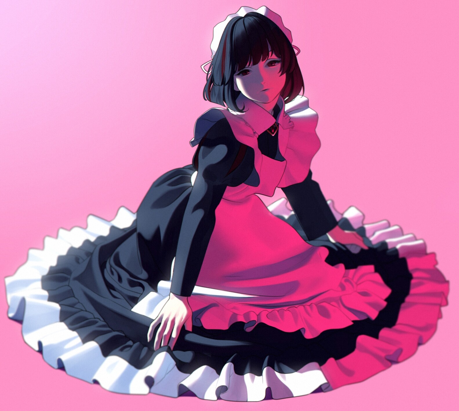 the image showcases a digital artwork of a young woman, potentially an anime character, dressed in a classic maid outfit. her attire is a striking contrast of black and white with a pink underskirt.  the lighting suggests an indoor, studio setting, bathed in a soft, pink hue. the perspective is at eye level, creating a sense of intimacy with the viewer.