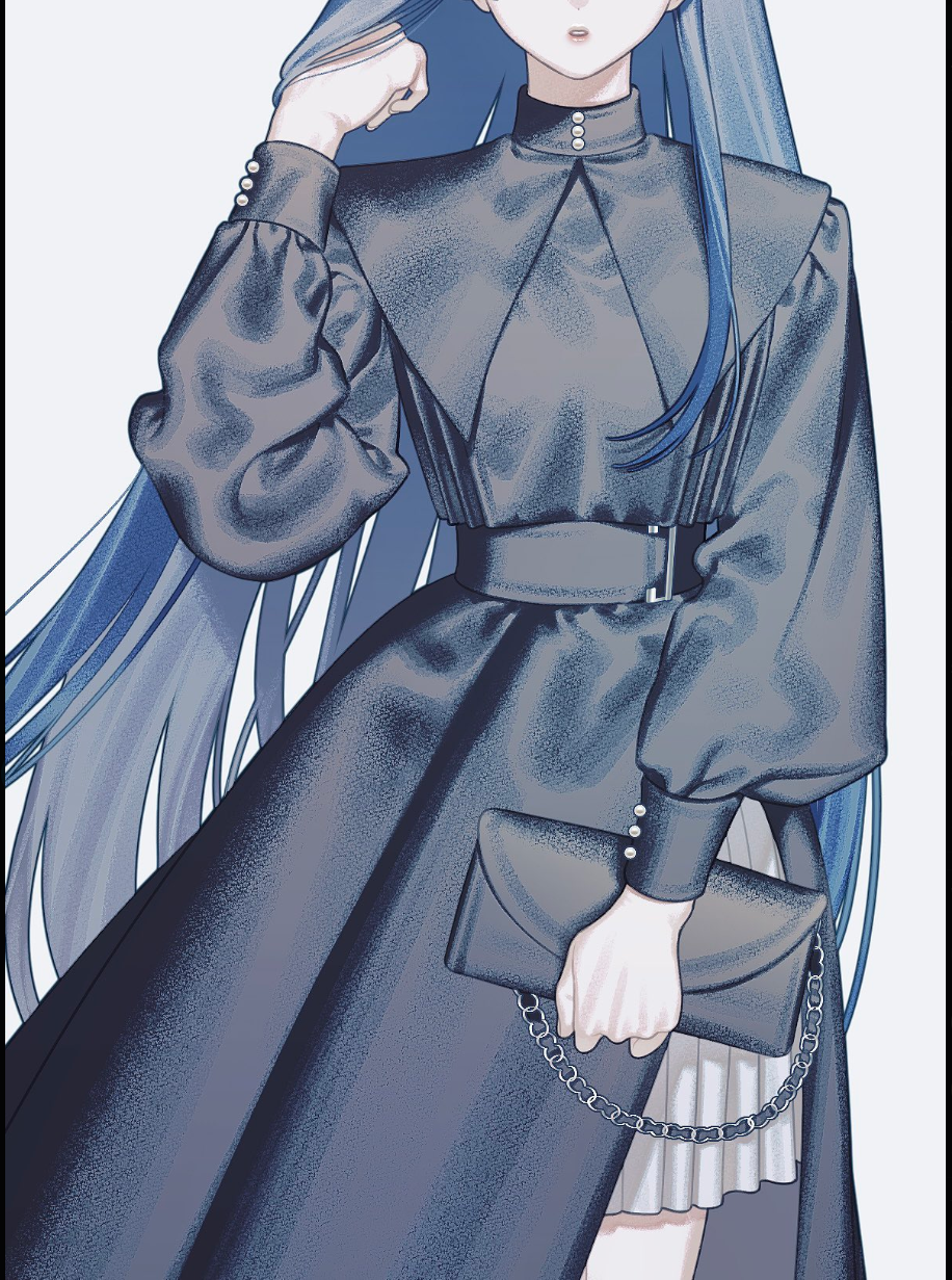 a bluehaired girl in a sophisticated black dress, striking a pose. she holds a stylish black clutch bag. the detailed drawing emphasizes the elegance of her attire and the fluidity of her hair.