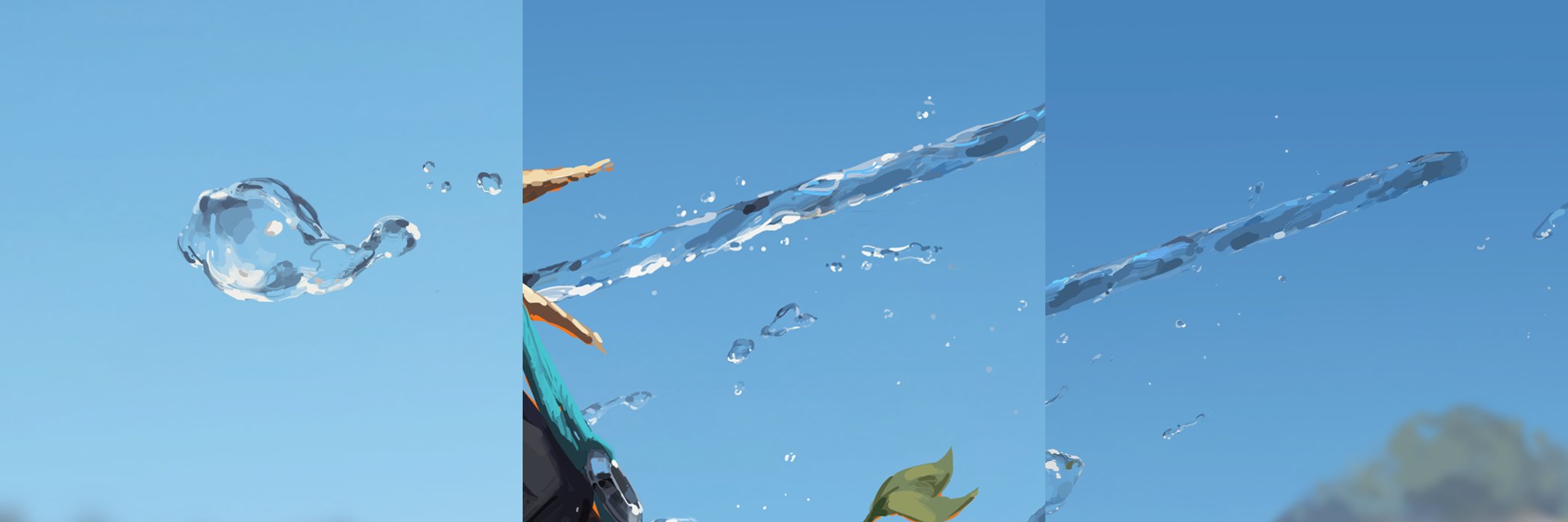 the image is a digital painting or animation depicting water splashing against a bright blue sky.  there are large streams of water arcing through the air, accompanied by smaller droplets and bubbles.  a portion of what appears to be a character or object with teal and black clothing is visible in the left side, suggesting a scene from an animation or video game. the overall style is clean and bright, with a focus on the dynamics of the water movement.  the background is a simple, unblemished sky with a hint of blurred land at the very bottom.
