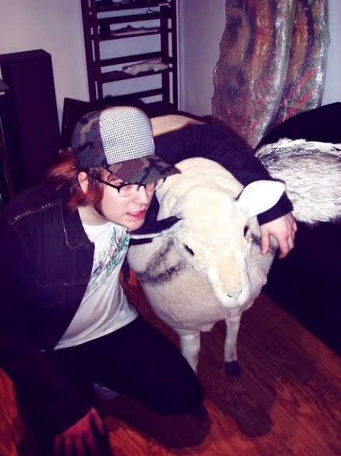 a young woman with long brown hair is smiling while holding a fluffy white sheep. she is wearing a black jacket, white shirt, and a black and white baseball cap. the sheep is standing on a wooden floor.