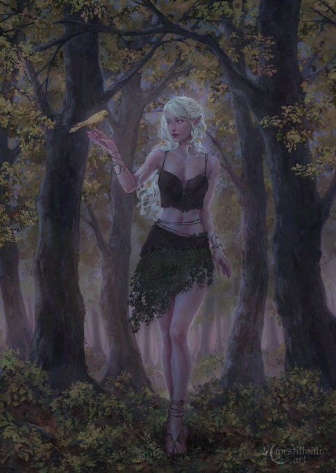a digital painting depicting a fairskinned, blondehaired elf woman in a dark green and black forest outfit. she has long, flowing hair, and appears serene. she is interacting with a small yellow bird in her hand, in a mysterious and magical forest scene. the overall style is fantasy art with a touch of gothic aesthetic. the lighting is soft and twilightlike. the setting is a dense forest of tall, slender trees with a slightly melancholic mood.