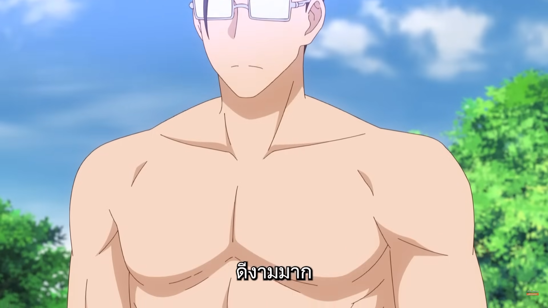 a shirtless, glasseswearing anime character with short, spiky hair stands against a backdrop of blue sky and green foliage. he appears contemplative, with his mouth slightly open as if about to speak. the setting suggests he might be outdoors. content: character, upper body, sky, trees people: 1 environment: outdoor lighting: bright, natural perspective: eyelevel kw: anime, male, shirtless, glasses, thoughtful, sky, trees, summer, daytime