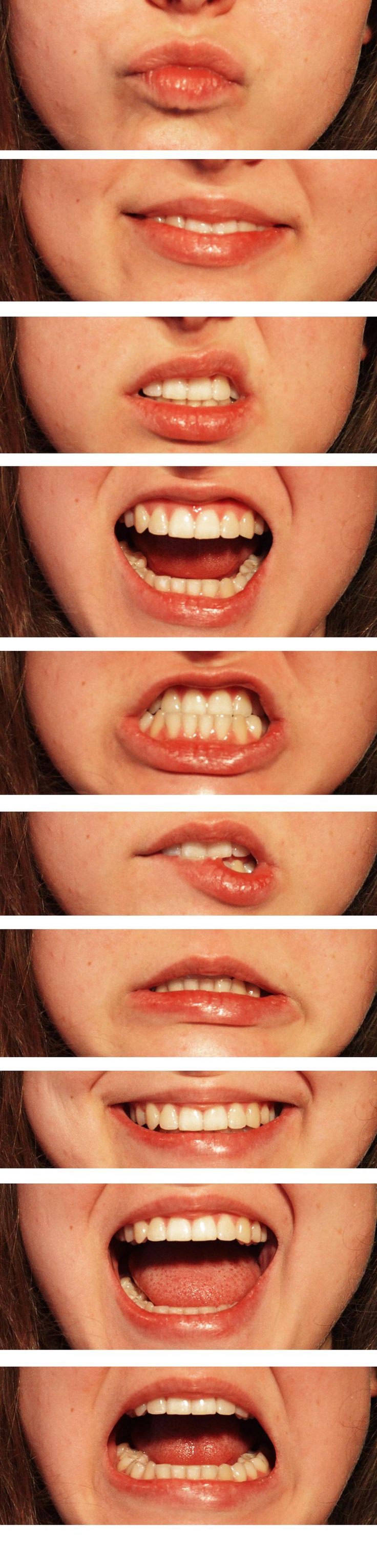 a closeup image of a woman's face, showing different expressions from slightly parted lips to a wide, toothy smile. the image captures the variations in mouth movements and how they can convey different emotions.
