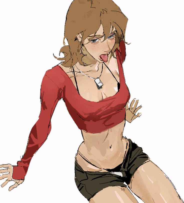 an illustration of a woman with brown hair, wearing a red crop top and black shorts. she is sticking her tongue out. she is also wearing a necklace with a rectangular pendant. she has freckles on her face.