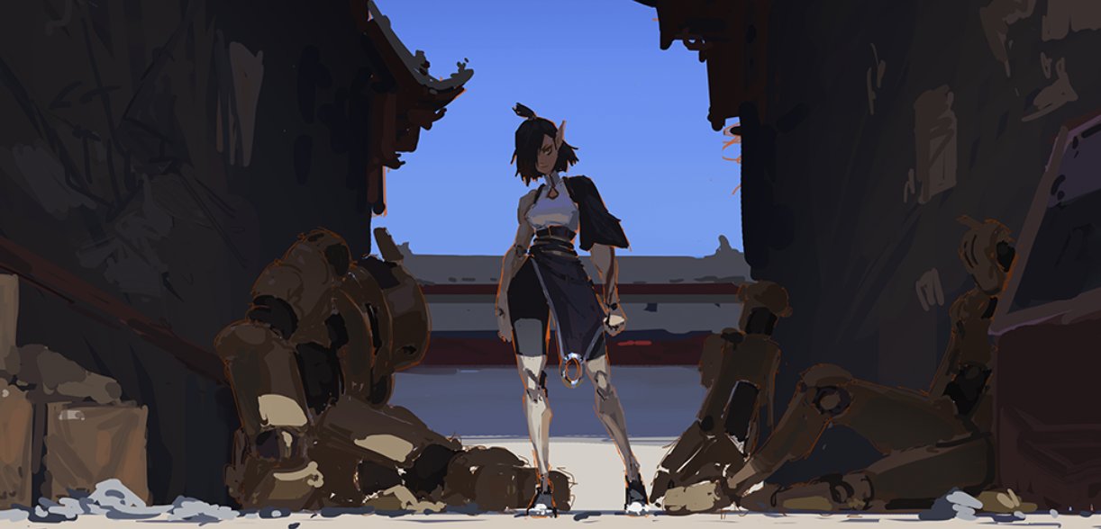 the digital painting depicts a young animestyle female warrior, possibly a cyborg, standing defiantly amidst the ruins of what looks like a dilapidated japanese or asianinspired building. two large, damaged, deactivated mecha or robots lie deactivated on either side of her, suggesting a recent battle or conflict.  the female character is dressed in a dark, stylized outfit, blending futuristic and traditional elements. the setting is atmospheric, with dramatic lighting and a clear blue sky visible through the broken walls of the alleyway. the overall mood is one of victory or solitary triumph after a challenging confrontation. the art style is painterly and uses loose brushstrokes, characteristic of concept art or illustration.