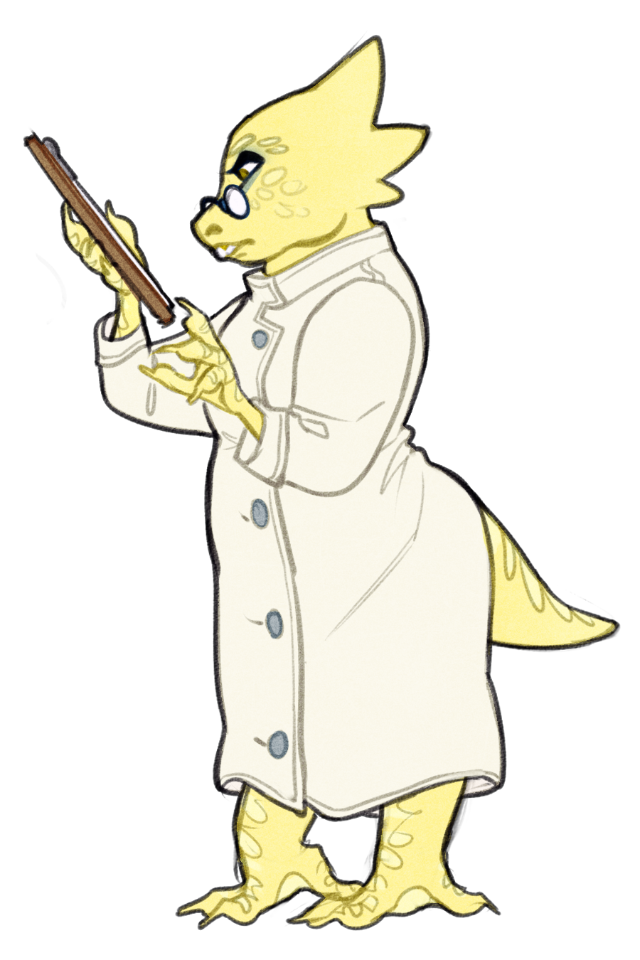 a digital illustration of monster kid, an undertale character, dressed as the scientist alphys in a long white lab coat and round glasses. they are looking at a clipboard in their left hand and holding a pen in their right. they are positioned in a threequarter view, facing left.