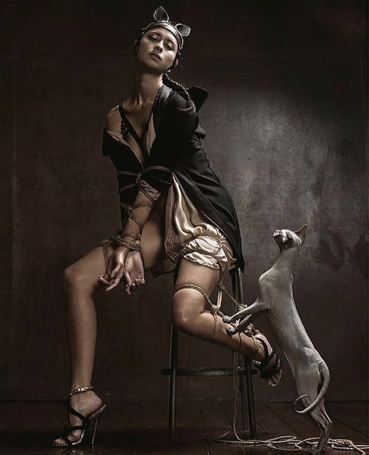 the image is a highfashion, dark and moody studio photograph. a female model is posed sitting on a stool, her legs and wrists bound with rope in a stylized bondage arrangement. she wears a dark, almost victorianstyle jacket over a lighter undergarment and high heels.  a sphynx cat sits near her legs, seemingly interacting with the ropes. the background is a dark, textured wall. the lighting is dramatic, highlighting the model and cat sharply against the dark surroundings. the overall mood is mysterious and sensual with a touch of artistic darkness. the model's expression is relatively neutral.