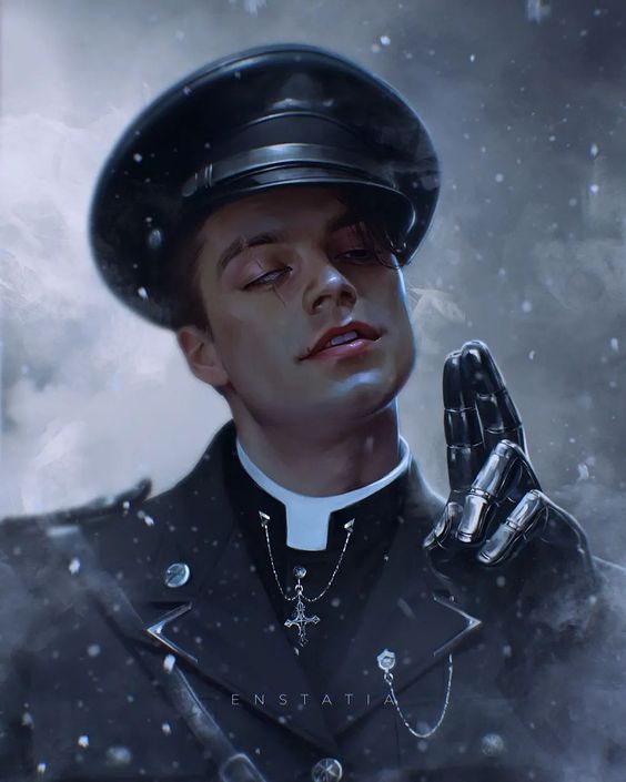 a waistup portrait of a young man with dark hair and pale skin, set against a snowy backdrop. he wears a dark militaryinspired uniform with a priest's collar adorned with a cross. a notable feature is his cybernetic left hand, partially gloved.  his expression is one of confident swagger with a hint of a smirk.  the overall palette is cool and muted, adding to the somber yet alluring atmosphere.