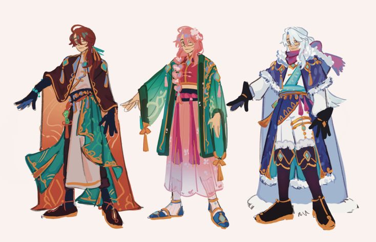 three anime characters, one male and two female, stand with a variety of poses in a whimsical and stylish fashion. each is adorned in different colorful clothing, with a unique flair and details.