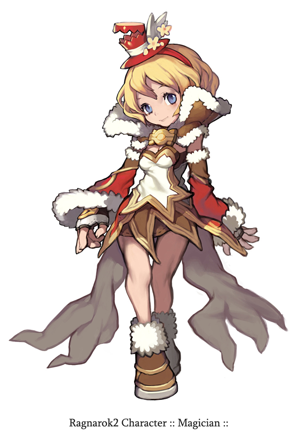 a female anime character dressed as a magician is shown from the waist up. she has blonde hair, blue eyes, and wears a large, fluffy white hat with a red and gold design. her outfit consists of a brown, gold, and red dress with a white bodice, a thick white collar, and furtrimmed sleeves. the character's boots are white with brown fur and brown straps. the image has a light, whimsical feel and is set against a white background.