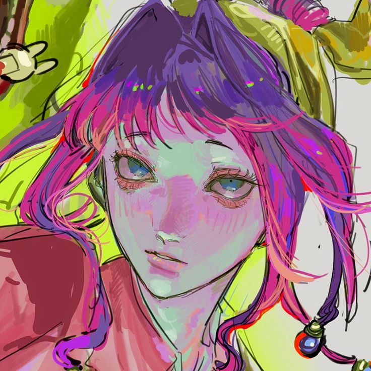 a digital illustration of a young anime girl. she has long purple and pink hair that is tied back with a green headband. she is looking at the viewer with her blue eyes and a slight smile on her lips. her skin is pink and green, which are the dominant colors in this image. the background is a simple white, giving the image a clean and polished feel.