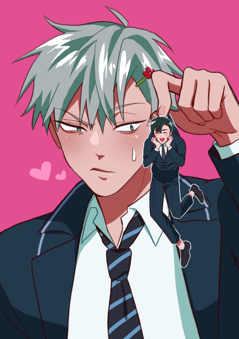 the image is a digitally drawn animestyle illustration depicting two male characters. the larger character has green hair, a blue suit, a white shirt, and a black tie. he is blushing and holding a smaller character in his hand. the smaller character has dark blue hair and a light blue suit. he is smiling. they are both surrounded by pink hearts and a small flower. the image is full of humor and affection, showing a close relationship between the two characters.
