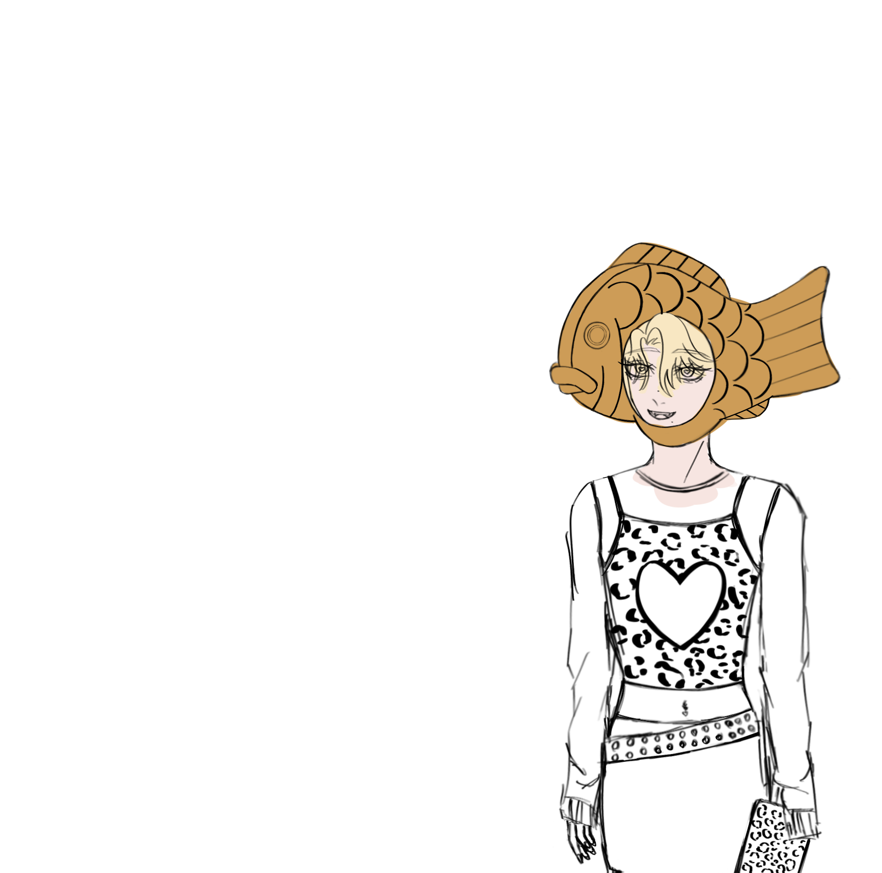 a drawing of a blonde woman with green eyes wearing a tan fishshaped hat. she's wearing an outfit including an animal print tank top with a heart in the center, a white long sleeve shirt, a white skirt, a belt, and a matching animal print purse. the background is white.