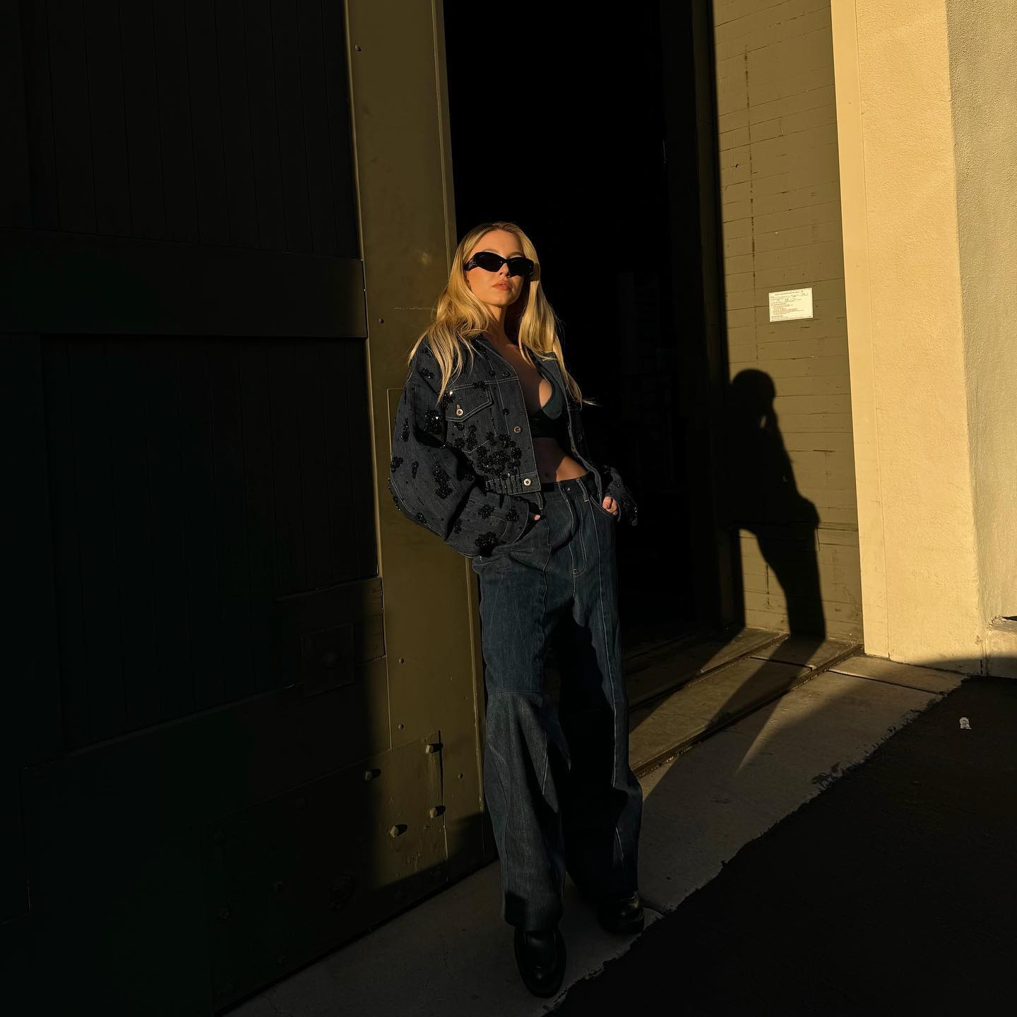 a blonde woman wearing a dark denim jacket with floral embroidery, a black crop top, and wideleg dark wash jeans poses against a wall in bright sunlight. her shadow is cast on the ground next to her. she is wearing sunglasses. the setting appears to be outdoors, possibly near a building or doorway. the overall style is trendy and casual.