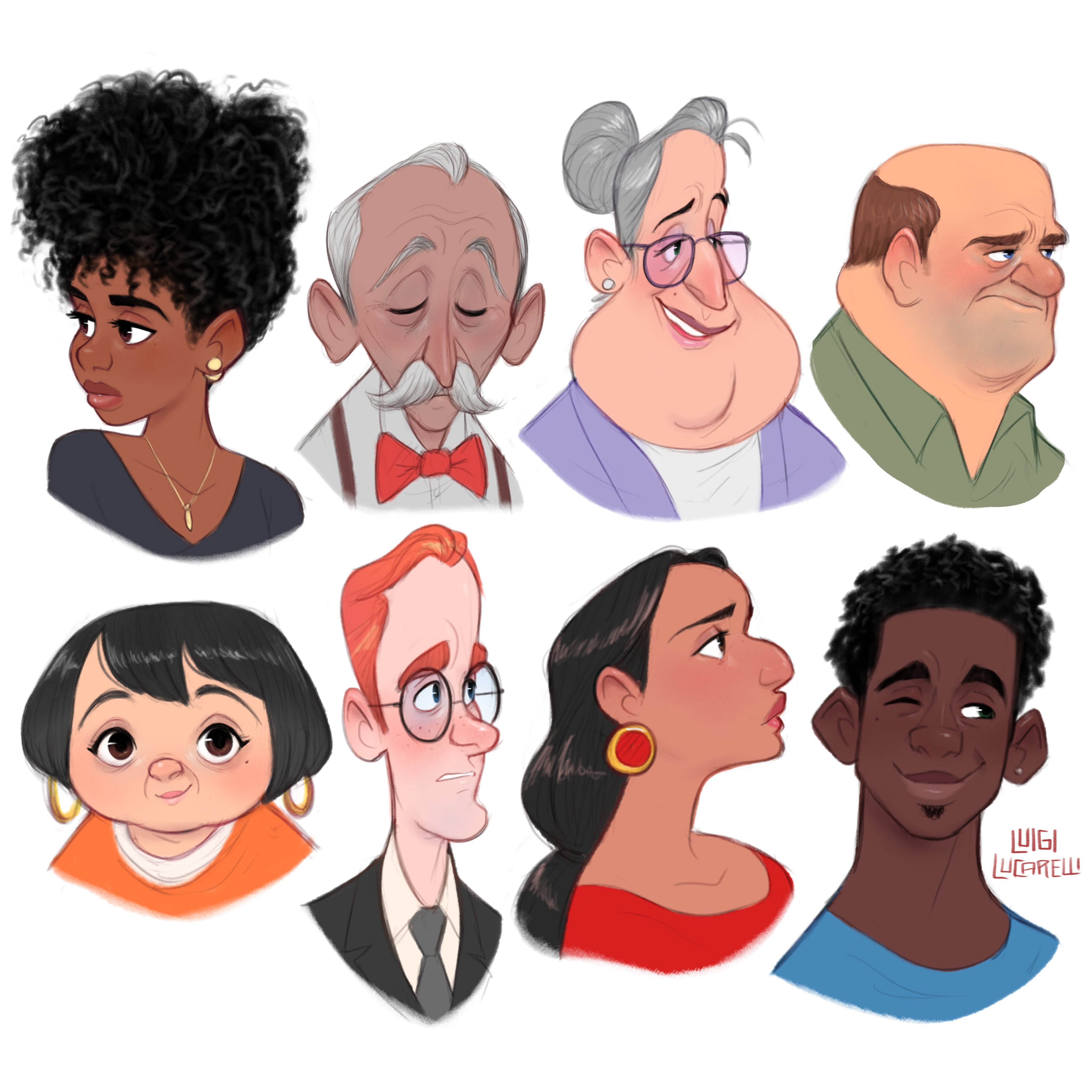 a digital illustration of nine cartoon characters. each character is a headshot, in profile, or facing forward. each has a distinct expression and personality. they are all diverse in race, age, and style.  the characters are all drawn in a cartoony style with bright colors and simple shapes.  the image is wellcomposed and visually appealing. the artist's signature, "lil' lucretiu," is in the bottom right corner.