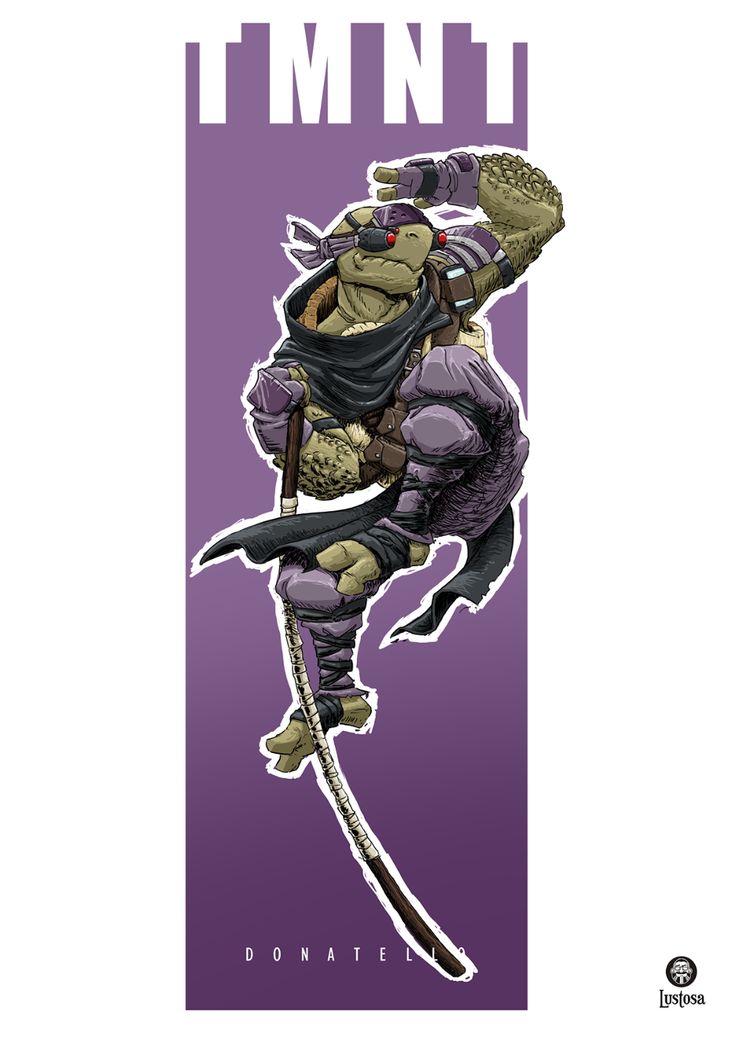 a comic book style illustration of donatello, one of the teenage mutant ninja turtles. he is dressed in his signature purple and black suit and is wielding his signature bo staff weapon. he is striking a pose with his bo staff raised in the air. the background is purple and there is a small "tmnt" logo at the top of the image and a large "donatello" text at the bottom. the image also has a small, white logo in the bottom right corner that says "lustosa".