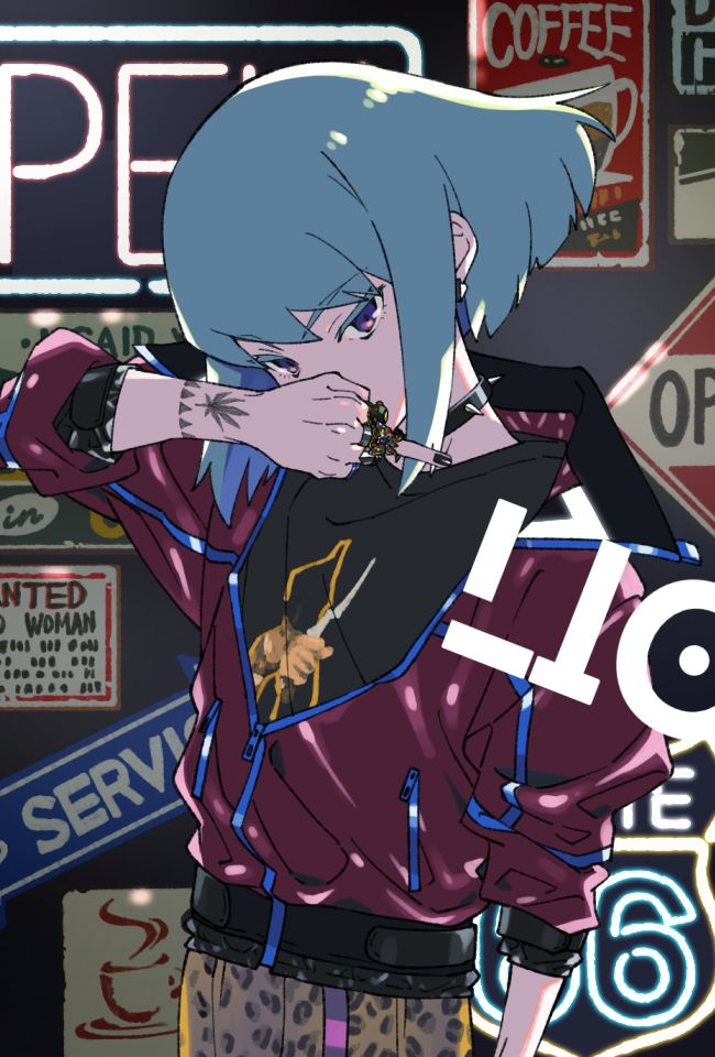 the image showcases a stylized anime girl with vibrant blue hair, a purple and blue jacket, and leopard print pants.  she's positioned against a backdrop of neon signs,  graffiticovered walls, and vintagestyle advertisements, creating a distinctly urban and cyberpunk atmosphere. her style is edgy and fashionable, with noticeable accessories like rings and a choker. the overall art style is reminiscent of manga and digital illustration, with a color palette that leans towards a vaporwave aesthetic.  the girl's pose and expression suggest a cool and confident attitude. the scene feels nighttime in a busy city.