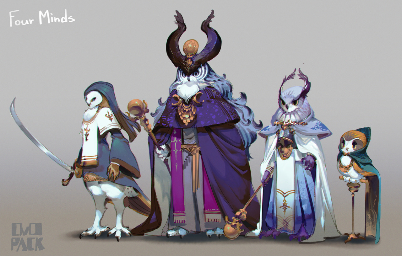 the image showcases four anthropomorphic owl characters against a minimalist gray background. each character, adorned in elaborate robes and carrying distinct accessories, exudes an aura of wisdom and mystique. the title "four minds" hints at their potential roles as wise leaders or powerful sorcerers. the characters stand in a lineup, their postures conveying distinct personalities. from the sternfaced owl with a sword to the wideeyed owlet, each design is rich with detail and narrative potential.