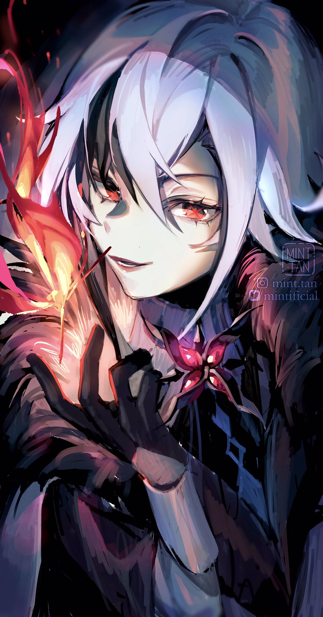 a closeup portrait of an anime girl with white hair and red eyes. she is wearing black gloves and has a fire behind her. she is holding a flower in her hand, which appears to be made of fire. the background is dark and mysterious.