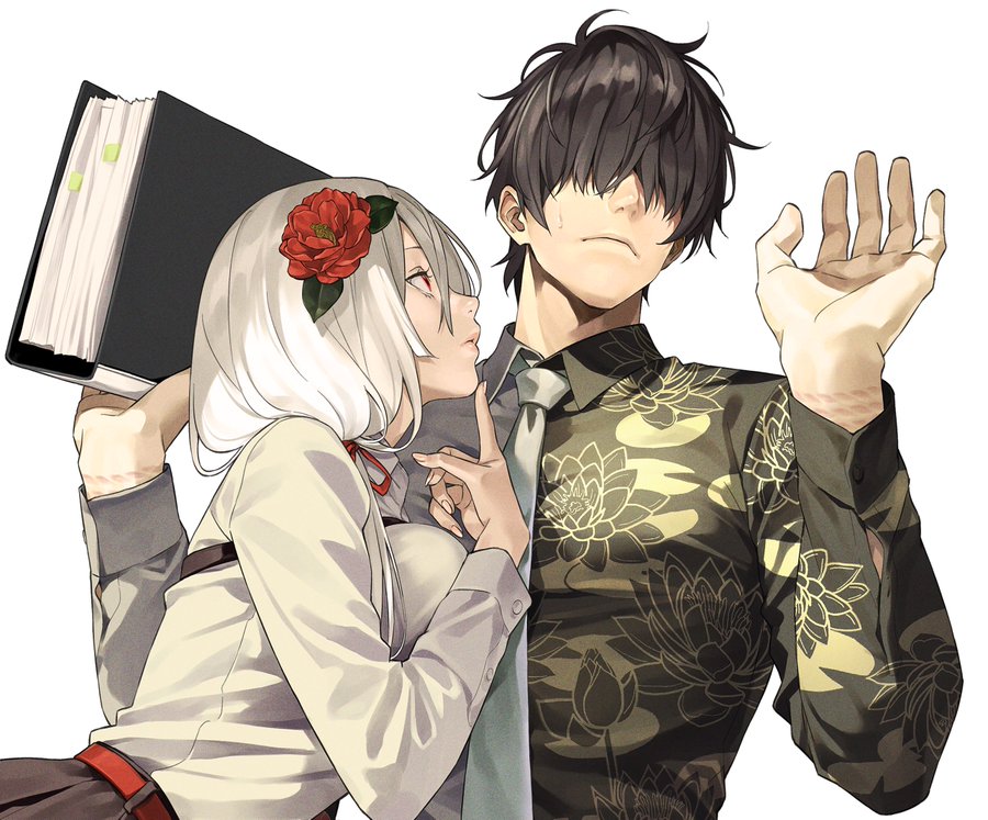 he image is an animestyle illustration of a young couple. the woman has long white hair adorned with a red flower, and she's wearing a beige longsleeved shirt and a red belt. she's holding a large black binder. the man has short dark hair, a patterned shirt, and a tie. his right hand is raised, and there are visible scars on his hand and arm.  they appear to be in a close, possibly romantic embrace. the art style is detailed and features soft shading. the background is plain white, focusing all attention on the characters.