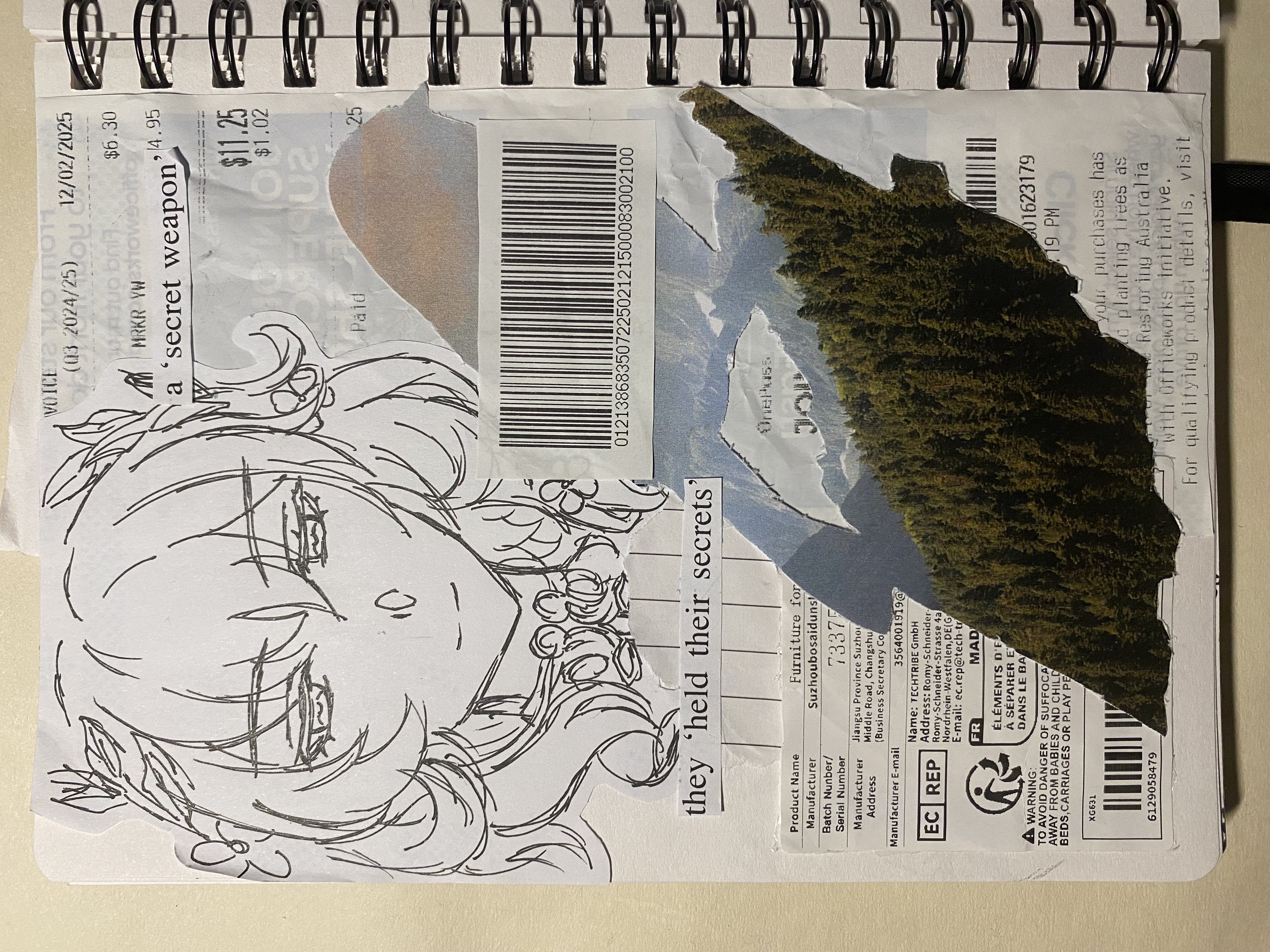 the image shows a page from a spiralbound sketchbook. the page features a collage of different elements, including a handdrawn anime/mangastyle face, cutout text like "a 'secret weapon'" and "they 'held their secrets'", sections of receipts with prices and barcodes, and a tornout picture of a forest against a mountainous background. there are also sections of product information like "furniture for suzhoubosaiduns" and a warning label.