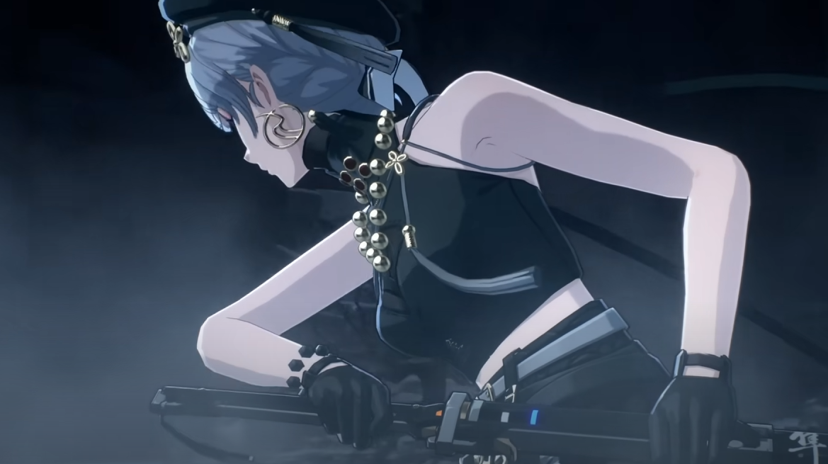 female anime character with blue hair and black clothing is crouched in a dimly lit, smoky environment. she is wearing a black beret, large earrings, and a beaded necklace. she is holding a futuristic weapon with a blue light. the perspective is a closeup side view, highlighting her focused expression and action pose.