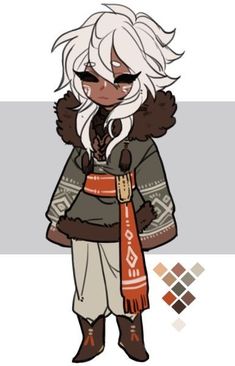 a digital illustration of a chibi character wearing a winter outfit. the outfit features a brown and white patterned sweater, a long orange scarf, and brown pants. the character has white hair and brown skin, and is standing against a white background.  a palette of colors used in the illustration is included.