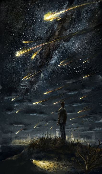 a digital painting depicts a dramatic scene of a meteor shower over a city. a lone man stands on a hill, silhouetted against the sky, watching the comets streak across the night sky. the city skyline is visible in the distance. the overall mood is dark, eerie, and unsettling, suggesting an apocalyptic or destructive event.