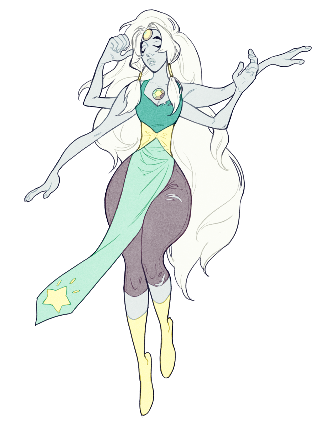 a fullbody drawing of opal, a fusion character from the cartoon show steven universe. she is tall and slender, with four arms, pale blue skin, and long, flowing white hair. she is wearing a teal and yellow outfit with a star on the hip. her eyes are closed and she appears to be posing for a portrait.