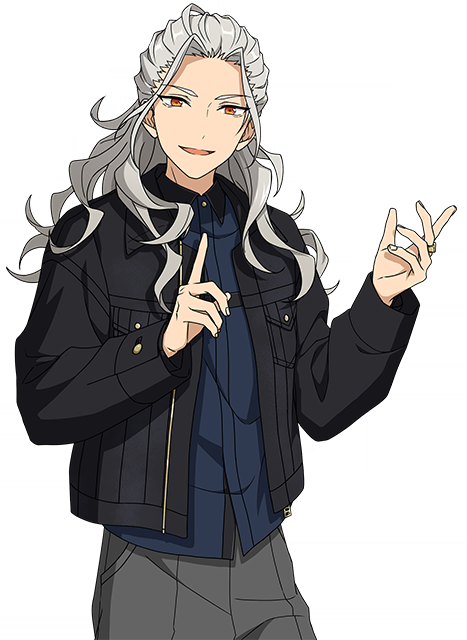 a fullbody shot of an anime character. he's a male with wavy white hair and orange eyes. he's wearing a black jacket over a dark blue buttondown shirt, paired with gray pants. he has a ring on his right hand and is making a hand gesture with his right hand while pointing with his left index finger. the background is black.