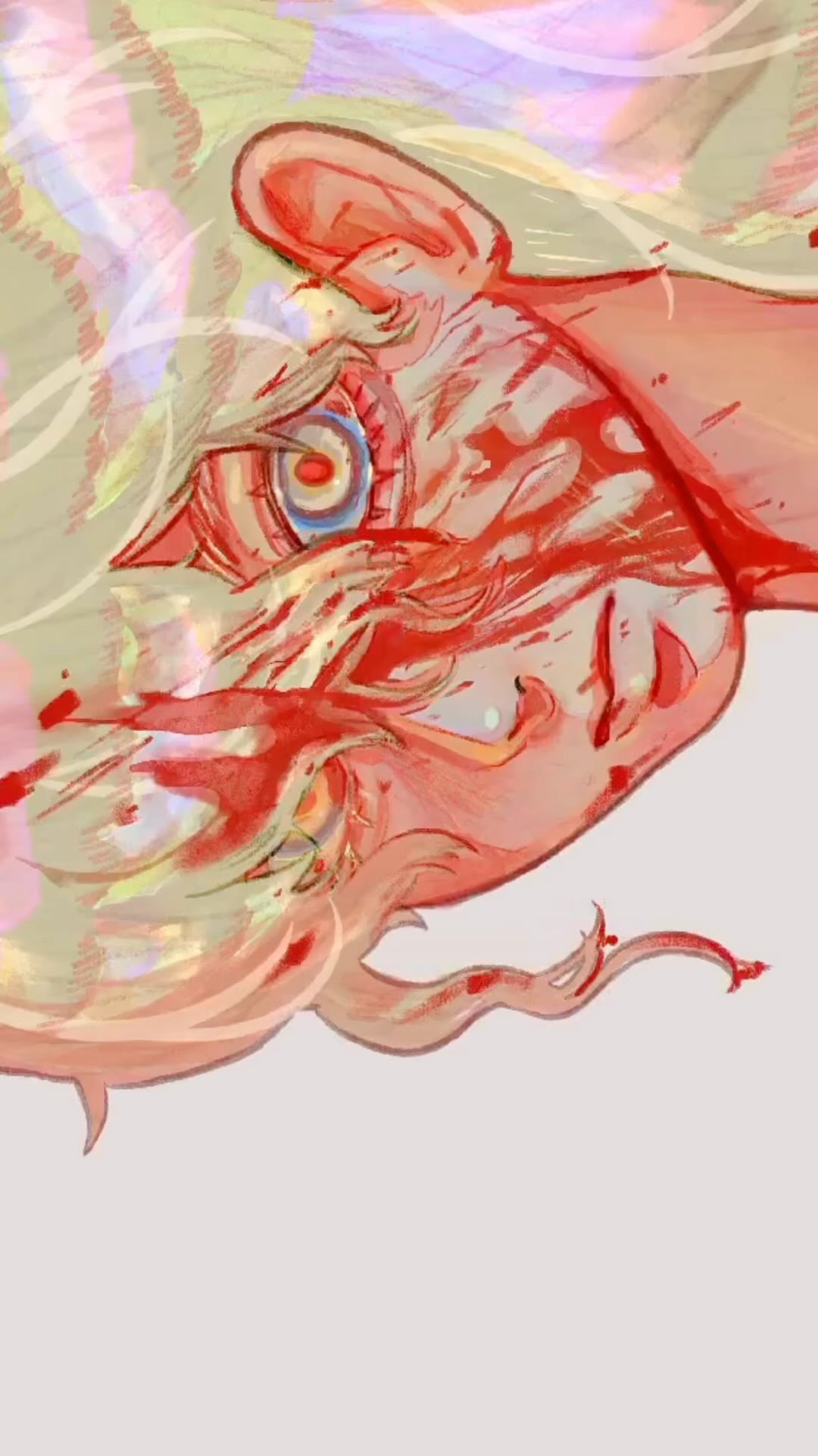 the image is a stylized digital painting or illustration depicting the closeup of a woman's or girl's face. her face is heavily covered in blood, suggesting injury or violence. the artistic style is a blend of anime/manga influences and a more abstract, painterly approach. colors are predominantly reds and pastels, creating a striking contrast between the violence and a softer, dreamlike or surreal atmosphere. her hair is lightcolored and flows around her head, partially obscuring her face. the expression on her face is difficult to interpret, but it hints at pain or distress. the overall effect is visually striking and emotionally evocative. the style is expressive and the details are somewhat abstract.